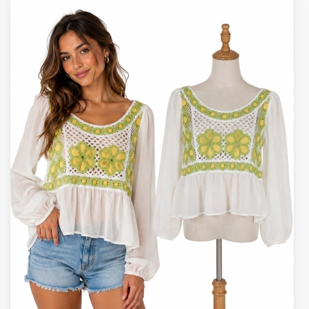 Unbranded Crochet Floral Blouse Womens Small White Yellow Green Peplum Boho
